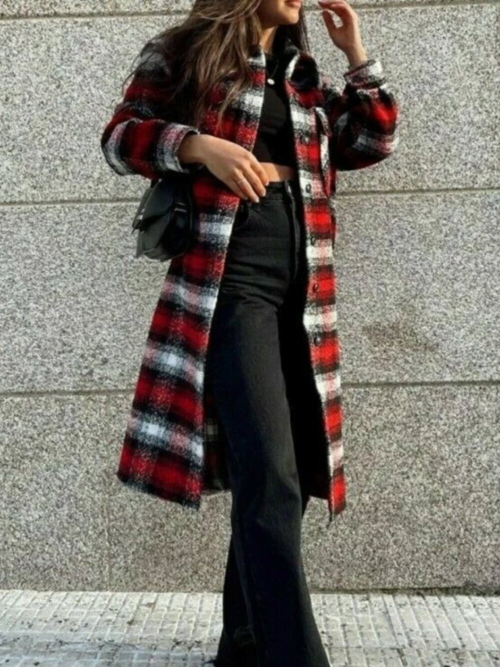 ZARA NEW WOMAN WOOL BLEND CHECK PLAID LONG OVERSHIRT JACKET COAT RED 7522/056 S